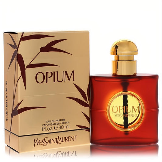 Yves Saint Laurent Opium 1 oz EDP spray: a captivating red bottle with a radiant gold cap, paired with its elegant gold bamboo box.