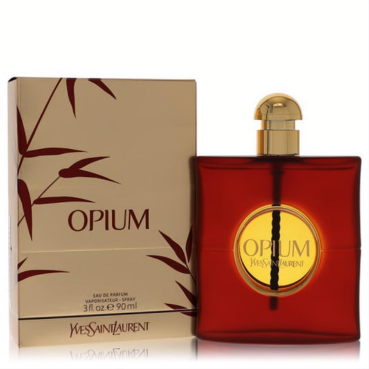 Yves Saint Laurent Opium 3 oz Eau De Parfum spray. Elegant red glass bottle with gold cap and matching oriental-inspired box.