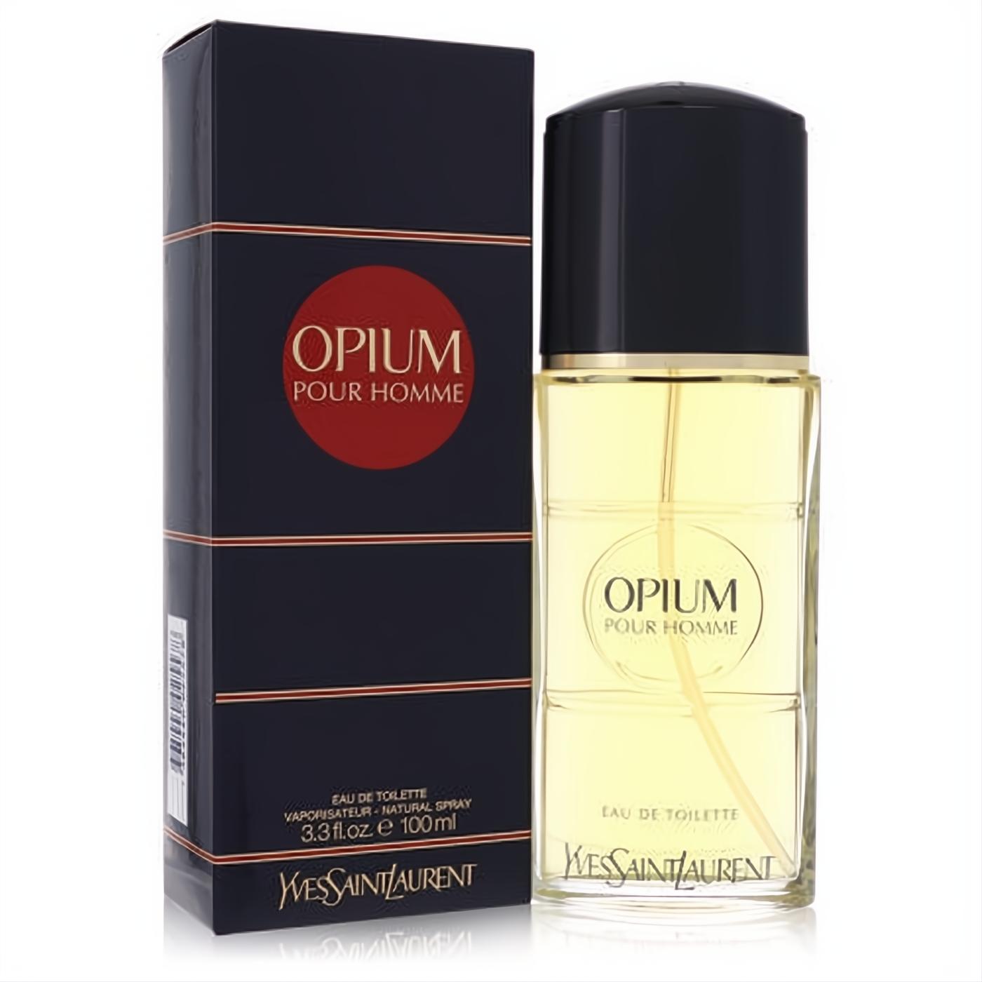 Yves Saint Laurent Opium Pour Homme 3.3 oz EDT. Clear glass bottle with golden liquid, beside its iconic dark blue box with red Opium logo.