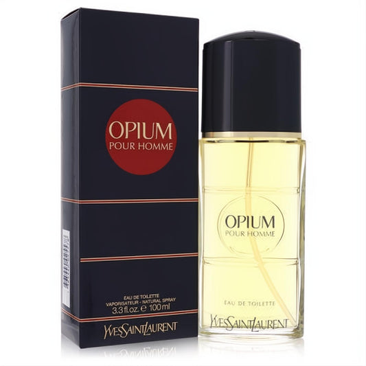 Yves Saint Laurent Opium Pour Homme 3.3 oz EDT. Clear glass bottle with golden liquid, beside its iconic dark blue box with red Opium logo.