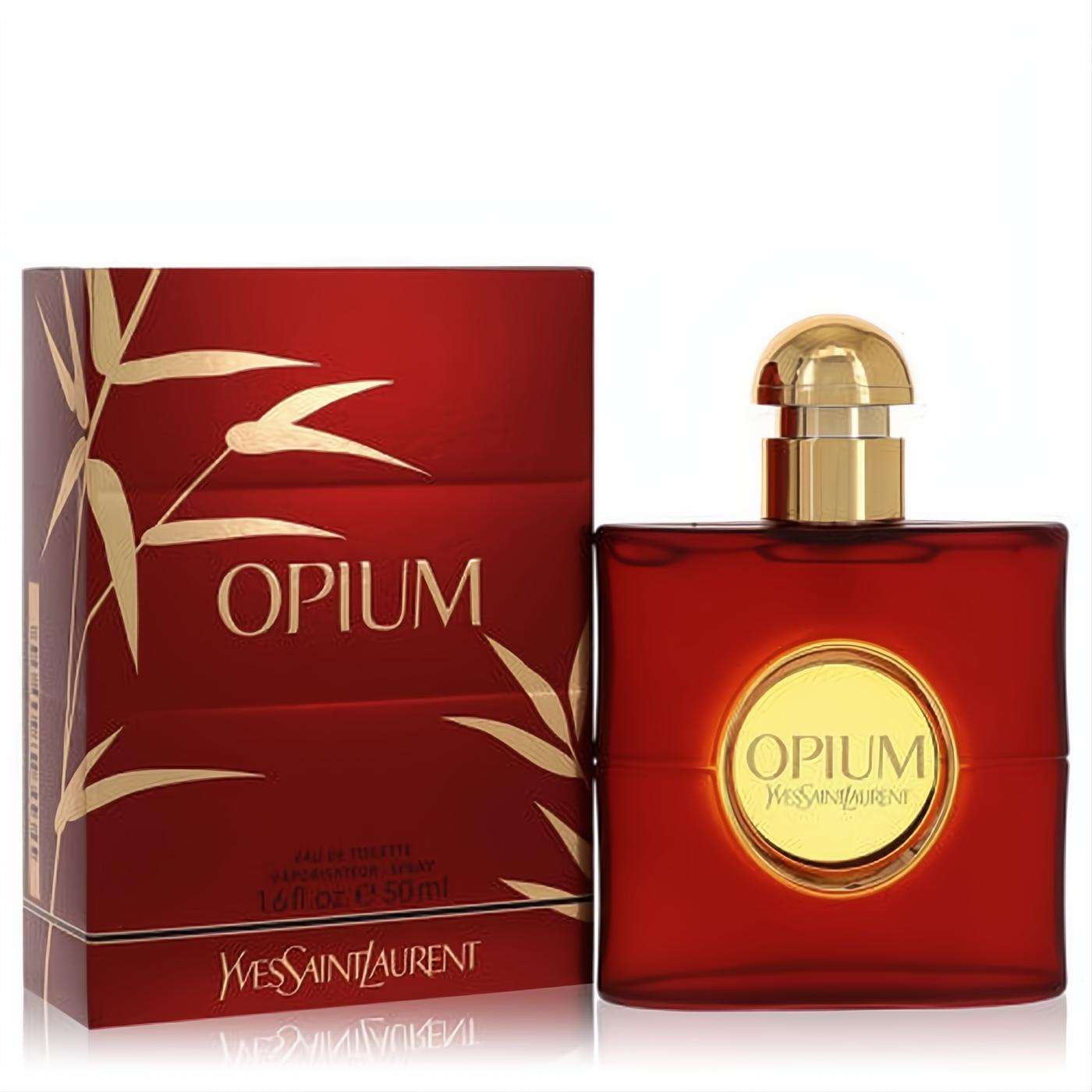 Luxurious Opium by YSL women's 1.6 oz Eau De Toilette. Deep red bottle with gold cap, elegant bamboo-patterned box.