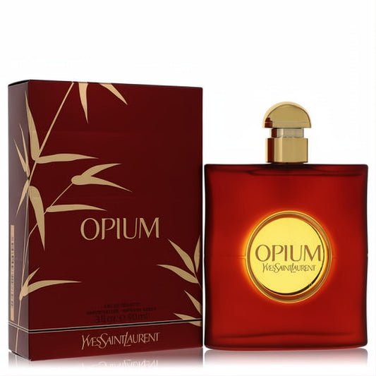 Captivating Yves Saint Laurent Opium 3 oz EDT spray. Rich red bottle, gold cap, and elegant bamboo-design box for women.