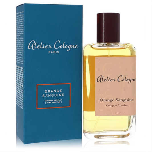 Luxurious Atelier Cologne Orange Sanguine 3.3 oz pure perfume. Clear bottle, amber liquid, peach label, and sophisticated blue box.