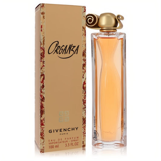 Givenchy Organza 3.3 oz EDP spray. Luxurious clear glass bottle with sculpted amber liquid, ornate gold cap, and elegant beige box.