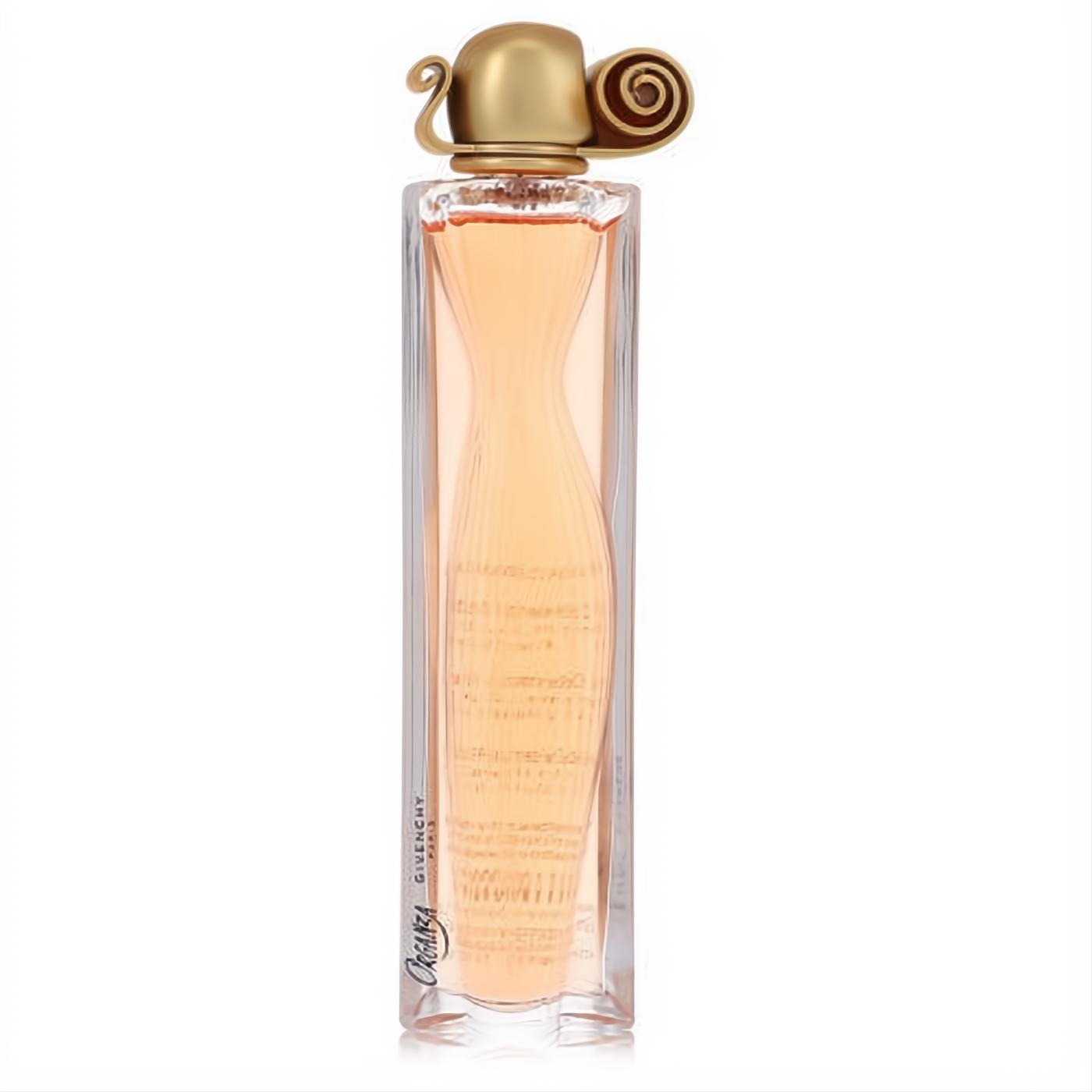 Elegant Givenchy Organza women's 1.7 oz EDP tester. Clear glass bottle, feminine silhouette, warm peach liquid, and sculpted gold cap.