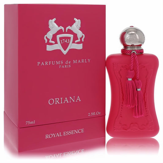 Discover Oriana by Parfums De Marly 2.5 oz EDP. Vibrant fuchsia bottle with silver cap, elegant tassels, and matching box.