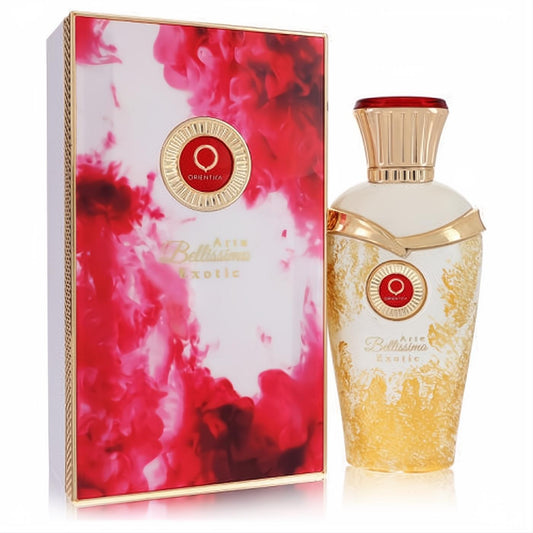Orientica Arte Bellissimo Exotic unisex EDP. Luxurious cream & gold bottle with a bold red cap, paired with its vibrant red abstract box. 2.5 oz.