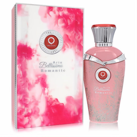Captivating Orientica Arte Bellissimo Romantic 2.5 oz unisex EDP. Pink bottle with silver accents, red cap, and matching floral box.