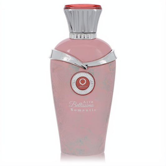 Luxurious Orientica Arte Bellissimo Romantic Eau De Parfum. Pink glass bottle, elegant silver trim, red cap, and delicate floral pattern.