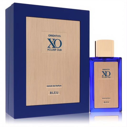 Orientica XO Xclusif Oud Bleu Extrait De Parfum. Luxurious royal blue bottle, gold cap, and elegant matching box.