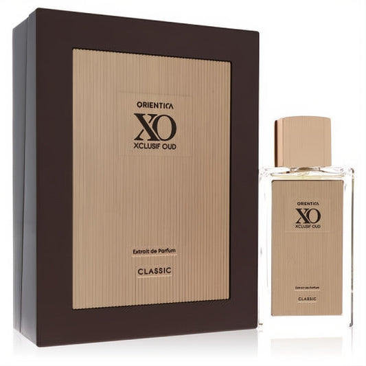 Luxurious Orientica XO Xclusif Oud Classic 2.0 oz Extrait de Parfum bottle and dark brown textured box.