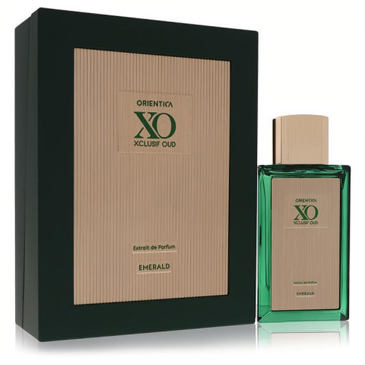 Orientica XO Xclusif Oud Emerald 2.0 oz Extrait De Parfum. Elegant emerald green bottle with gold cap and sophisticated matching box.
