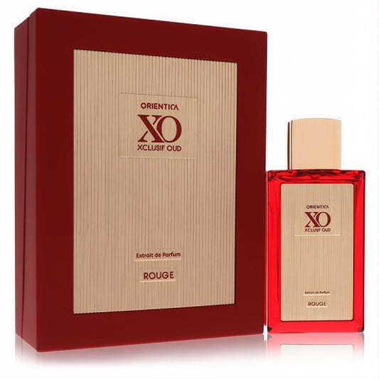 Elegant Orientica XO Xclusif Oud Rouge Extrait De Parfum in a vibrant red glass bottle with a gold cap, beside its matching luxury box.