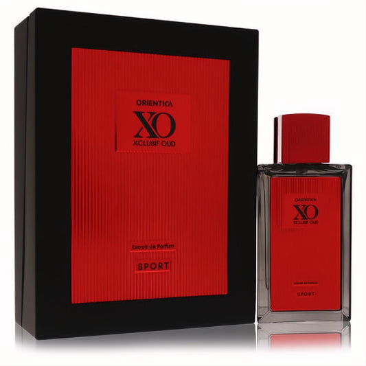Experience Orientica XO Xclusif Oud Sport 2.0 oz unisex extrait de parfum. Bold clear bottle with vibrant red label, striking black and red box.