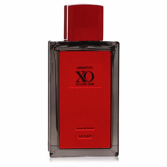 Elevate your scent with Orientica XO Xclusif Oud Sport Extrait De Parfum. Bold red label on a sleek dark glass bottle with a matching cap.