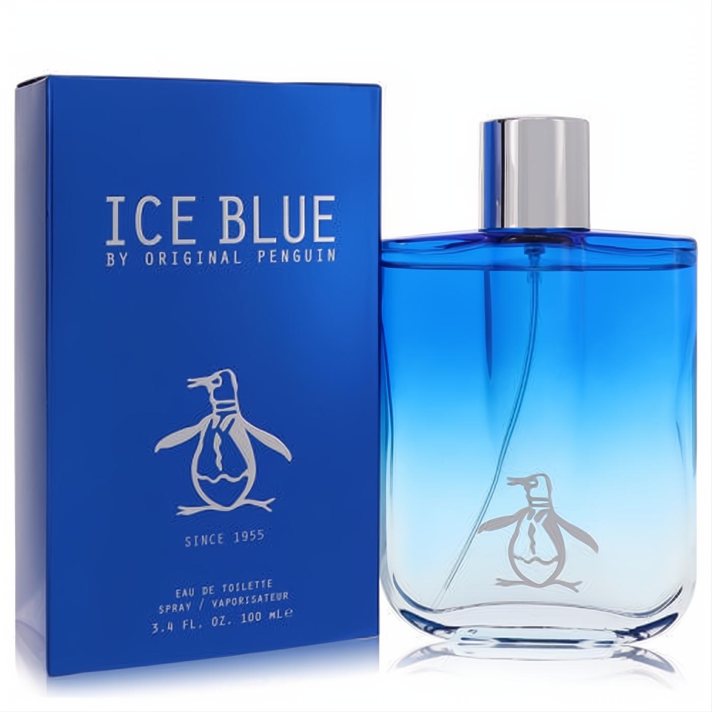 Experience Original Penguin Ice Blue 3.4 oz men's EDT. Striking blue gradient glass bottle and royal blue box with iconic penguin logo.