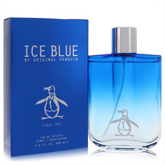 Experience Original Penguin Ice Blue 3.4 oz men's EDT. Striking blue gradient glass bottle and royal blue box with iconic penguin logo.