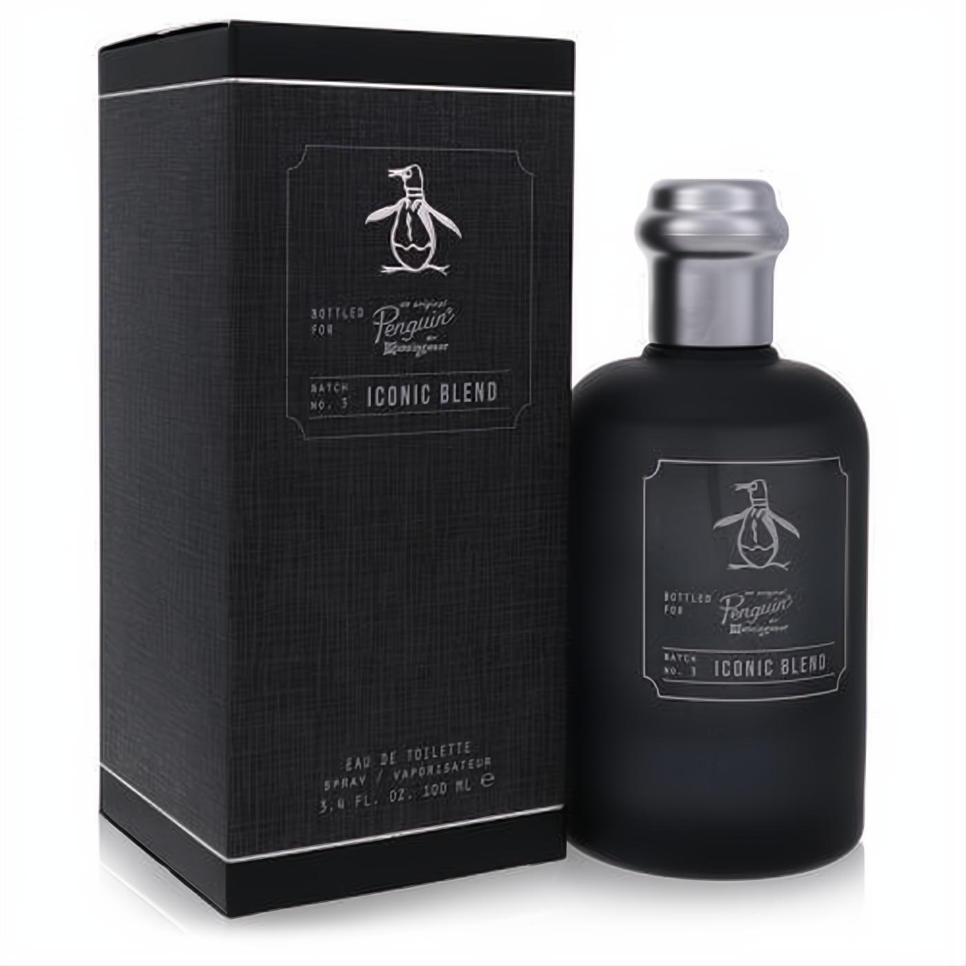Original Penguin Iconic Blend 3.4 oz men's cologne. Sleek matte black bottle, silver cap, and matching box for a sophisticated look.