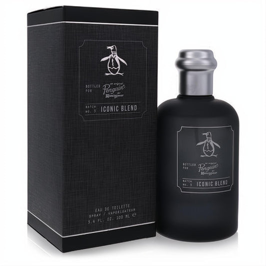 Original Penguin Iconic Blend 3.4 oz men's cologne. Sleek matte black bottle, silver cap, and matching box for a sophisticated look.