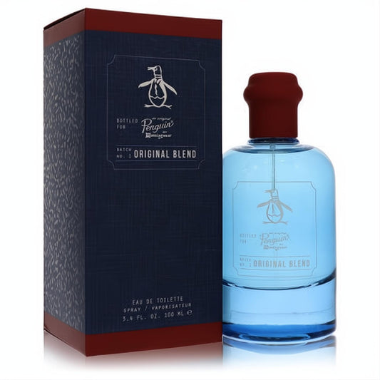 Original Penguin Original Blend 3.4 oz EDT. Masculine clear blue bottle with a bold maroon cap, packaged in a stylish dark blue box.
