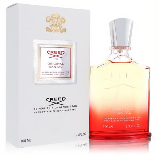 Iconic Creed Original Santal 3.3 oz EDP, a clear-to-red glass bottle with silver cap, next to its premium white and gold box.