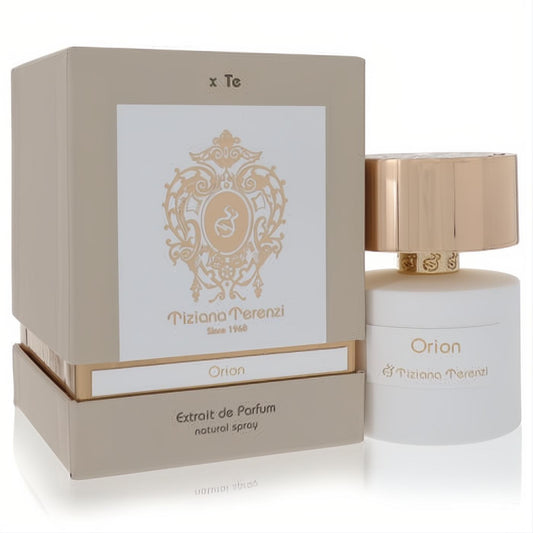 Luxurious Orion Tiziana Terenzi Extrait de Parfum. White bottle with ornate gold cap and textured detail, beside its elegant beige and gold box.
