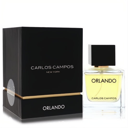 Orlando Carlos Campos 3.3 oz EDT: clear bottle with amber liquid, black cap, and elegant black & gold box. Elevate your style.