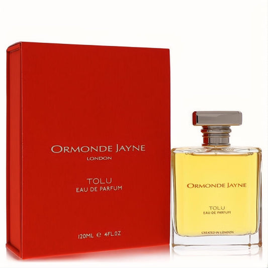 Luxurious Ormonde Jayne Tolu 4.0 oz EDP in a clear glass bottle with a sleek silver cap, beside its striking red box.