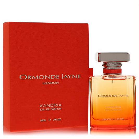 Ormonde Jayne Xandria 1.7 oz unisex EDP spray. Bold red box and elegant amber glass bottle with a sleek silver cap.
