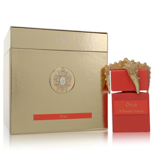 Discover Orza by Tiziana Terenzi unisex fragrance: a lavish gold box and a vibrant red bottle with a sparkling gold crown cap.