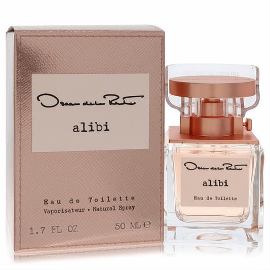Oscar De La Renta Alibi 1.7 oz EDT. Chic glass bottle, rose gold cap, and shimmering peach box for women.