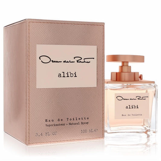 Oscar De La Renta Alibi 3.4 oz Eau De Toilette spray. Clear glass bottle with a rose gold cap and elegant matching textured box.