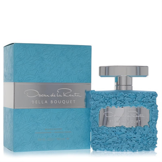Oscar De La Renta Bella Bouquet EDP spray. Luxurious blue floral textured bottle with silver accents and matching gift box.