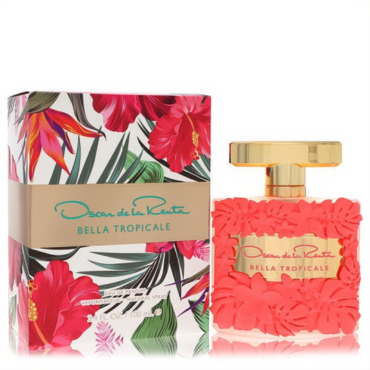 Stunning Oscar De La Renta Bella Tropicale 3.4 oz perfume. Coral bottle with embossed flowers, gold cap, and vibrant floral box.
