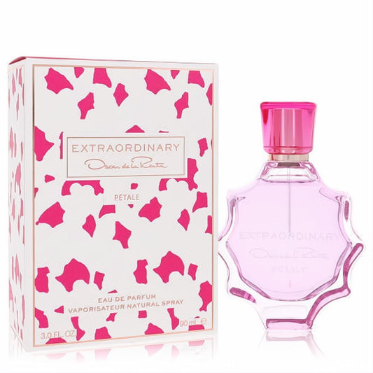 Oscar De La Renta Extraordinary Petale 3 oz EDP. Elegant pink scalloped glass bottle with a vibrant cap, perfect for women.
