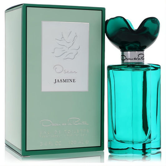 Oscar Jasmine 3.4 oz EDT. Elegant teal glass bottle with a sculpted dark green floral cap and luxurious mint green box.