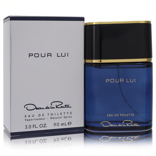 Classic Oscar Pour Lui 3 oz EDT for men, bold blue glass bottle with sophisticated black and gold cap, beside its crisp white box.