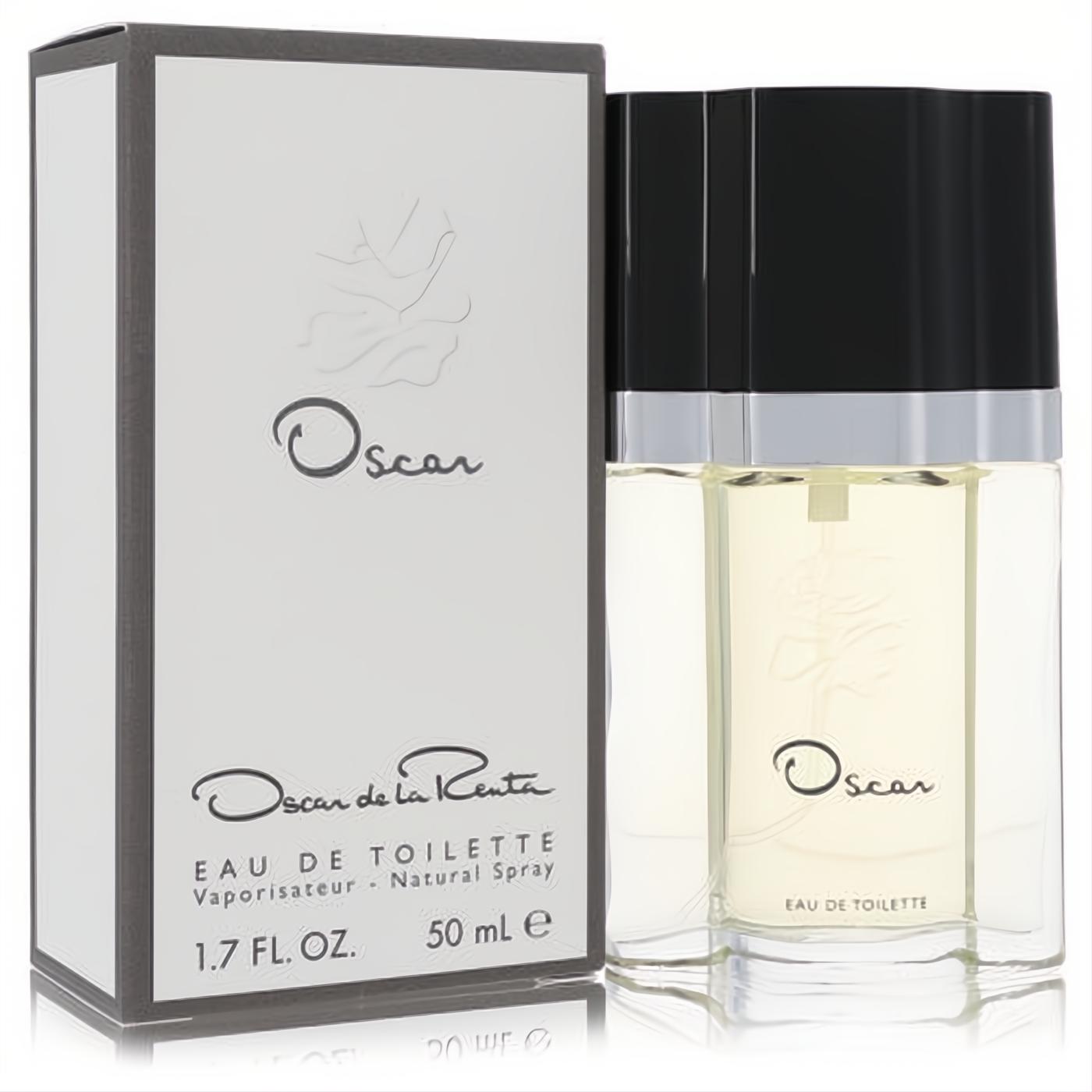 Oscar de la Renta women's 1.7 oz EDT spray. Clear glass bottle with sleek black cap, paired with its elegant white and grey box.