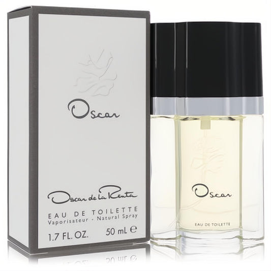 Oscar de la Renta women's 1.7 oz EDT spray. Clear glass bottle with sleek black cap, paired with its elegant white and grey box.