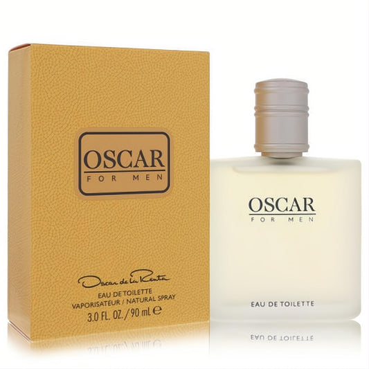Experience Oscar for Men 3 oz Eau De Toilette. Classic frosted glass spray bottle with tan cap, beside its textured gold box.