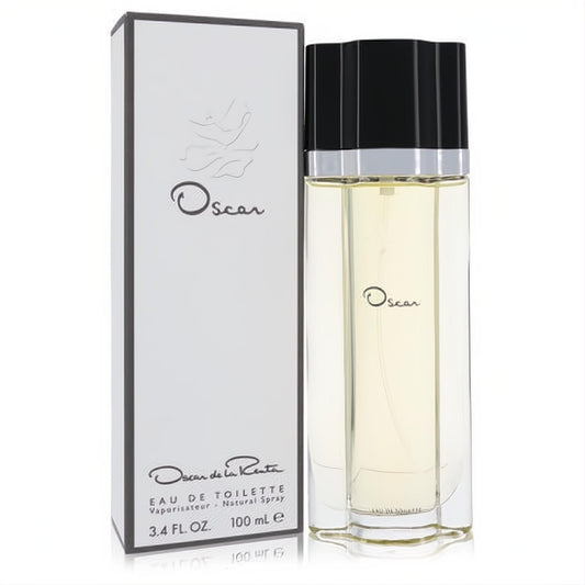 Oscar de la Renta women's 3.4 oz EDT spray. Elegant clear faceted bottle, black fluted cap, and sophisticated white floral box.