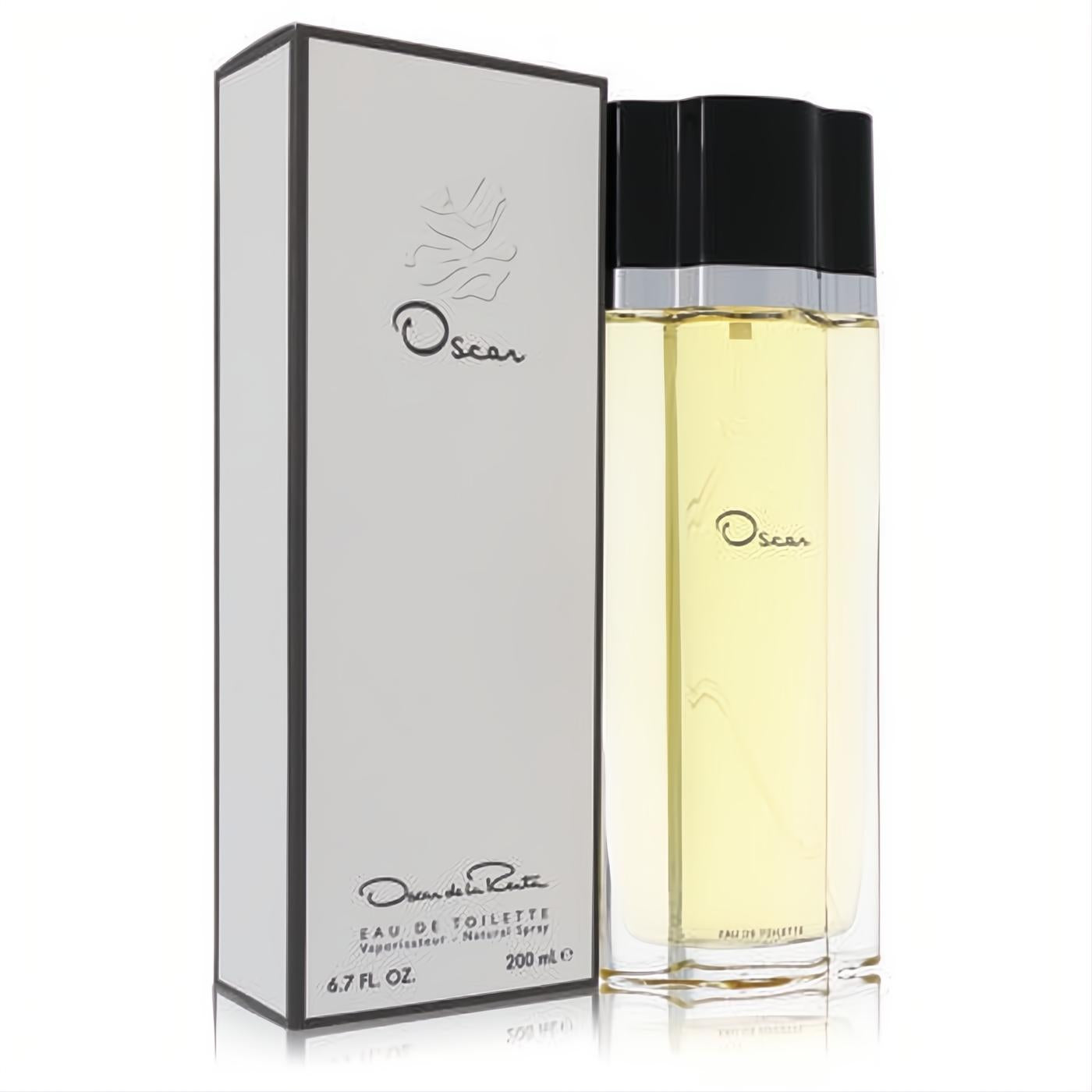 Elegant Oscar de la Renta 6.7 oz Eau De Toilette spray. Clear bottle with golden fragrance, beside its chic white box.