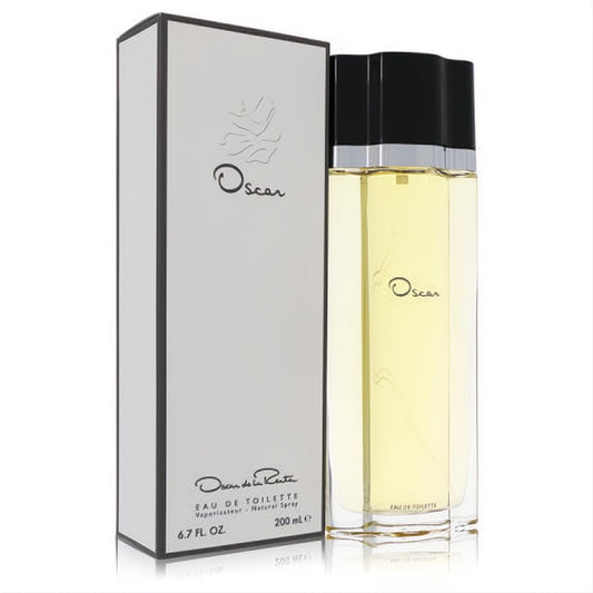 Elegant Oscar de la Renta 6.7 oz Eau De Toilette spray. Clear bottle with golden fragrance, beside its chic white box.