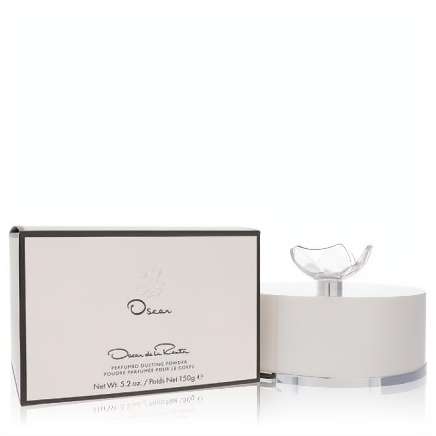 Oscar de la Renta 5.2 oz perfumed dusting powder. Luxurious white round container with a delicate clear floral applicator.