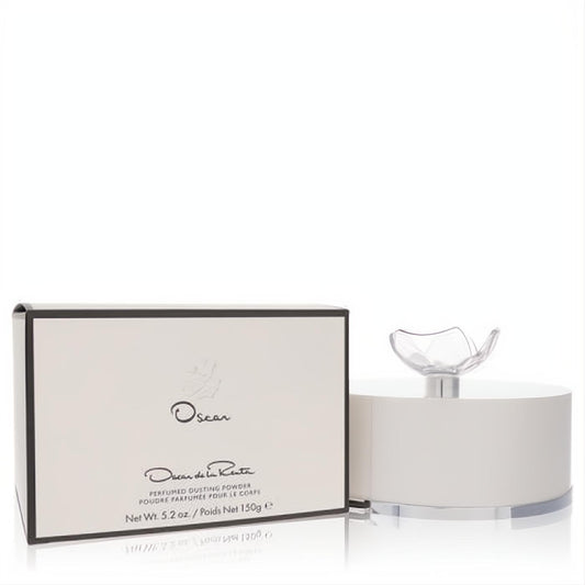 Oscar de la Renta 5.2 oz perfumed dusting powder. Luxurious white round container with a delicate clear floral applicator.