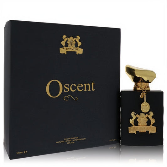 Sophisticated Oscent by Alexandre J 3.4 oz men's cologne. Matte black bottle with a unique gold cap and ornate crest, next to its elegant box.