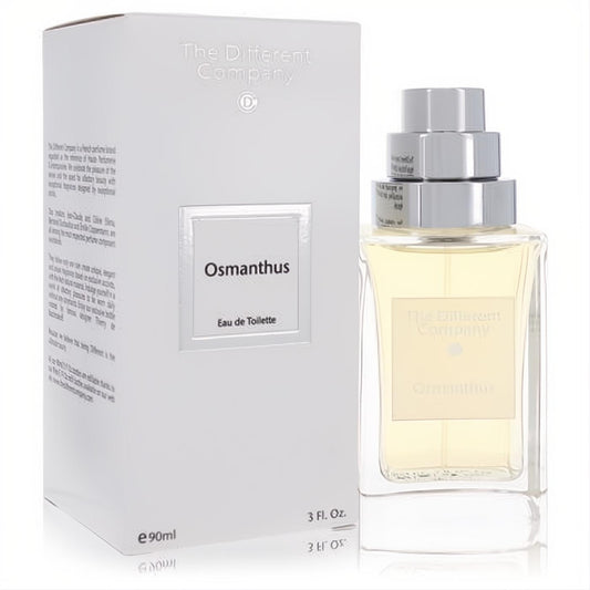 The Different Company Osmanthus Eau de Toilette. 3 oz refillable clear glass spray bottle, sleek silver cap, and elegant white box.