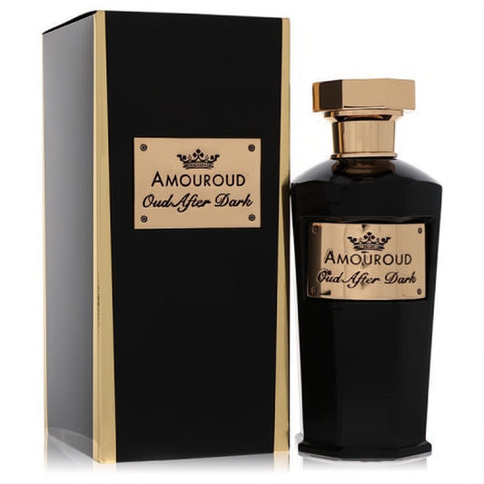 Bold Amouroud Oud After Dark unisex Eau De Parfum. Sleek black bottle with a radiant gold cap and matching luxurious box.