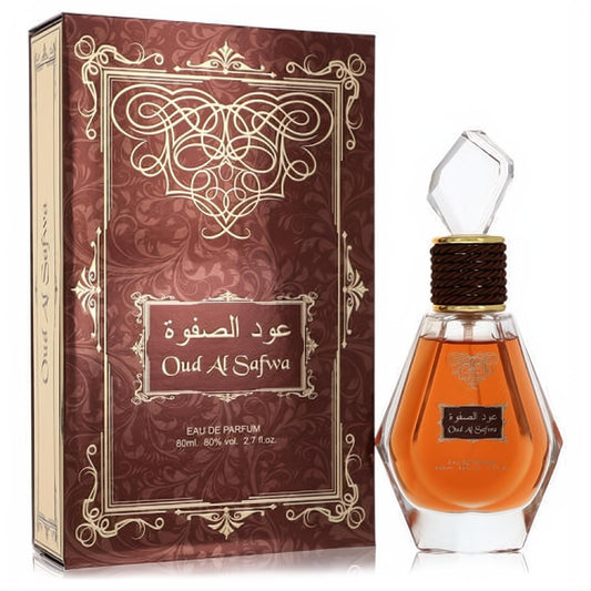Oud Al Safwa by Rihanah 2.7 oz EDP. Elegant brown & gold ornate box, clear glass bottle with amber liquid, braided neck, faceted cap.