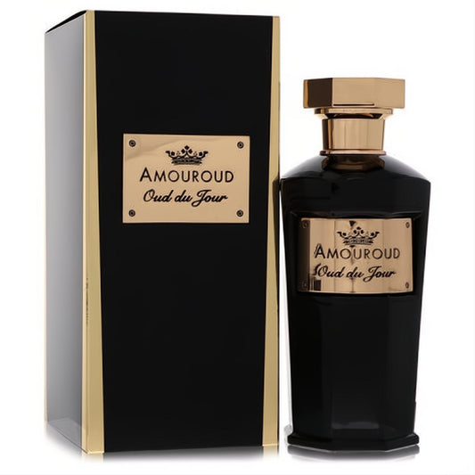 Elegant Amouroud Oud du Jour 3.4 oz unisex EDP. Black glass bottle, gold cap, crown logo, and luxurious matching box.